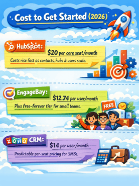 Animated infographic comparing CRM startup costs in 2026, showing HubSpot starting at $20 per seat, EngageBay at $12.74 per user with a free tier, and Zoho CRM at $14 per user
