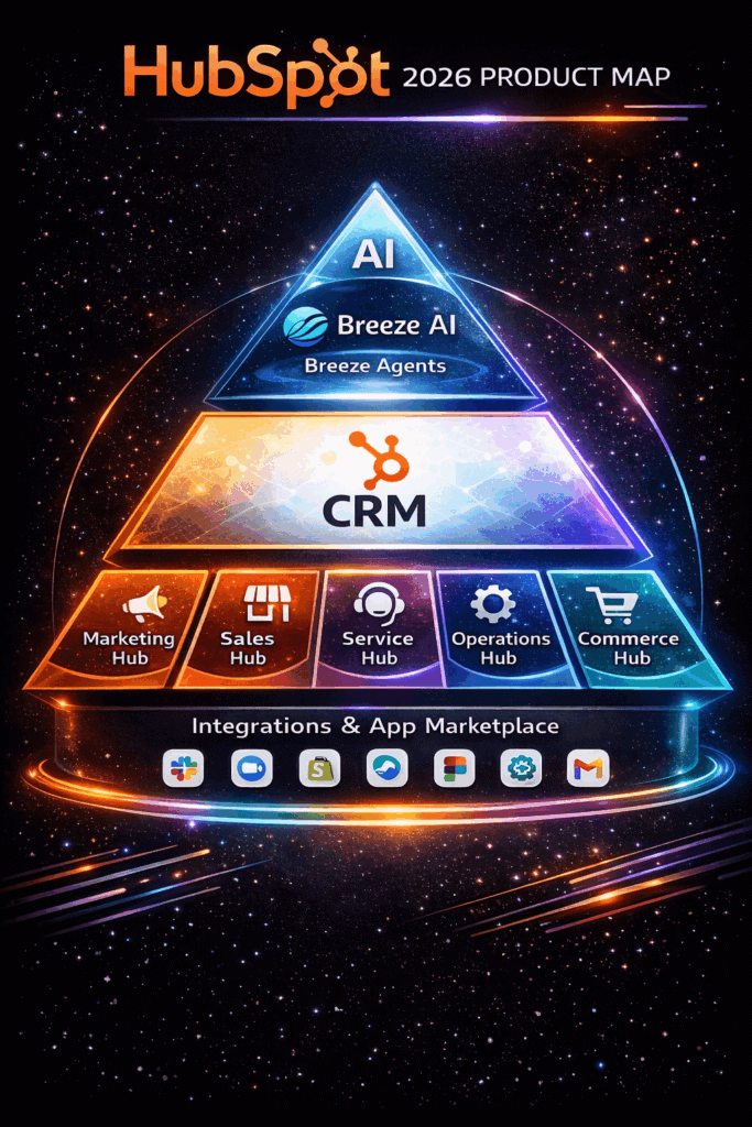 HubSpot 2026 product ecosystem — AI-driven CRM, marketing, sales, service, operations hubs