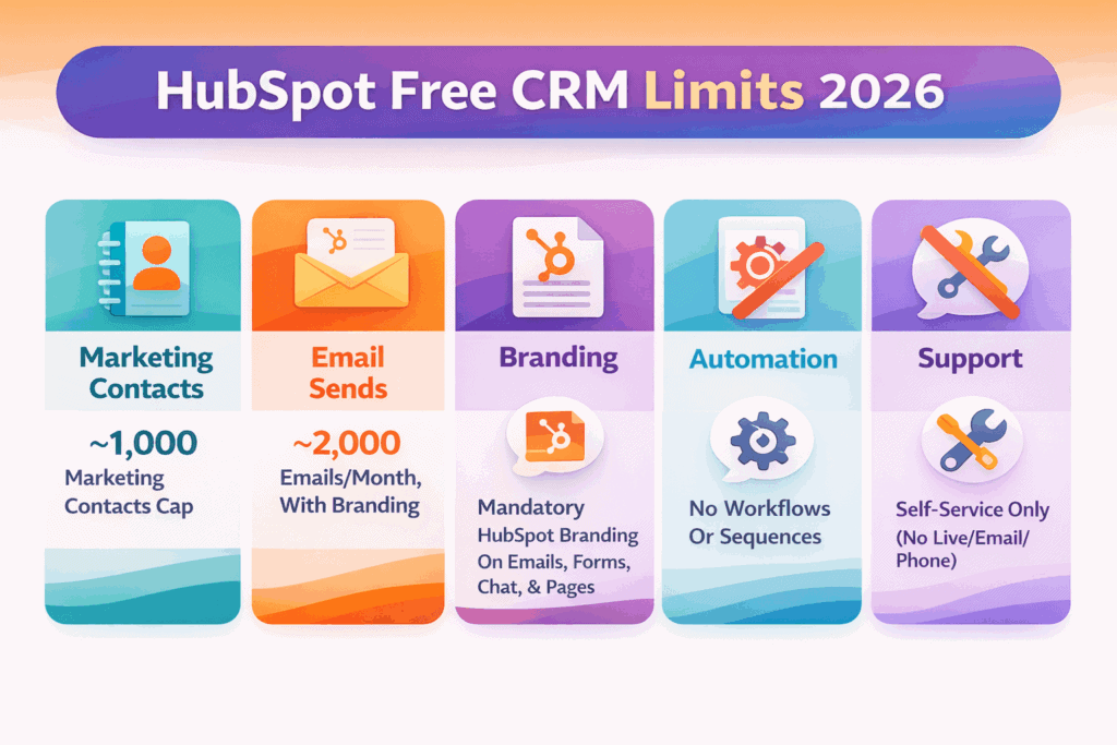 HubSpot Free CRM limits users contacts emails branding 2026