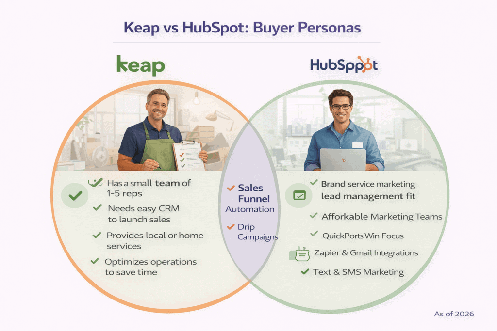 CRM choice personas showing small service business fit for Keap vs growing marketing teams for HubSpot