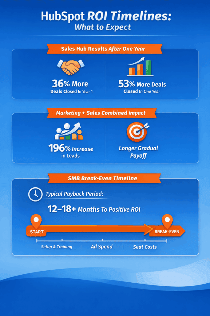 HubSpot ROI timeline infographic showing 12 to 18 month payback period, 36 percent more deals after one year, and lead growth from combined marketing and sales