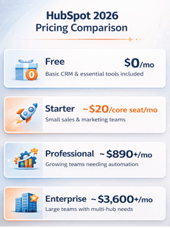 HubSpot 2026 pricing tiers — Free, Starter, Professional, Enterprise cost comparison