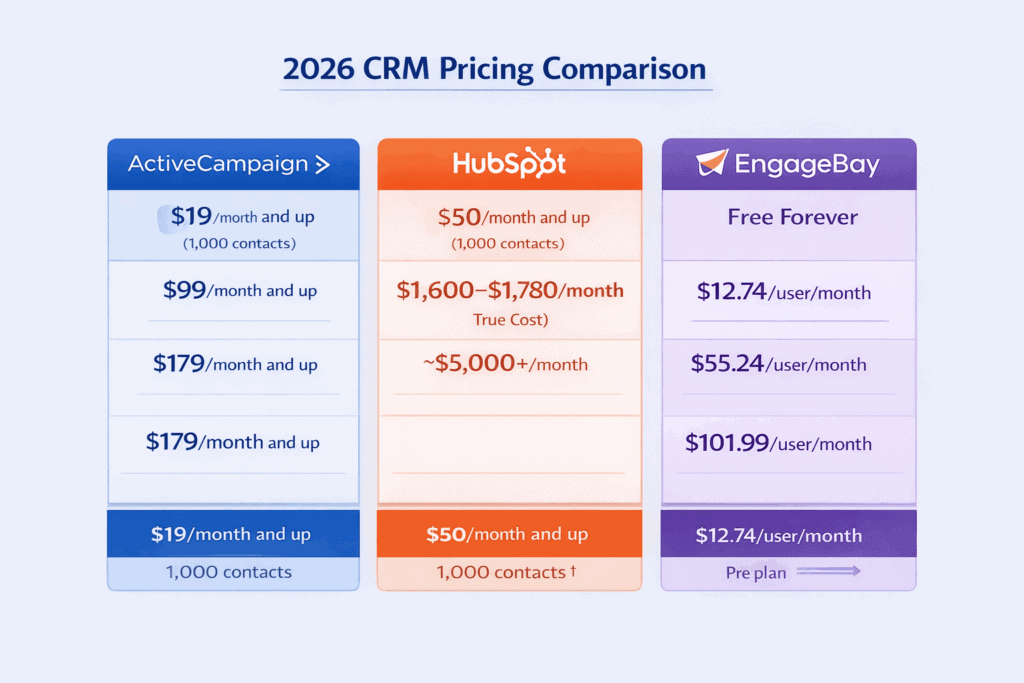 Updated CRM pricing comparison for ActiveCampaign, HubSpot, EngageBay 2026