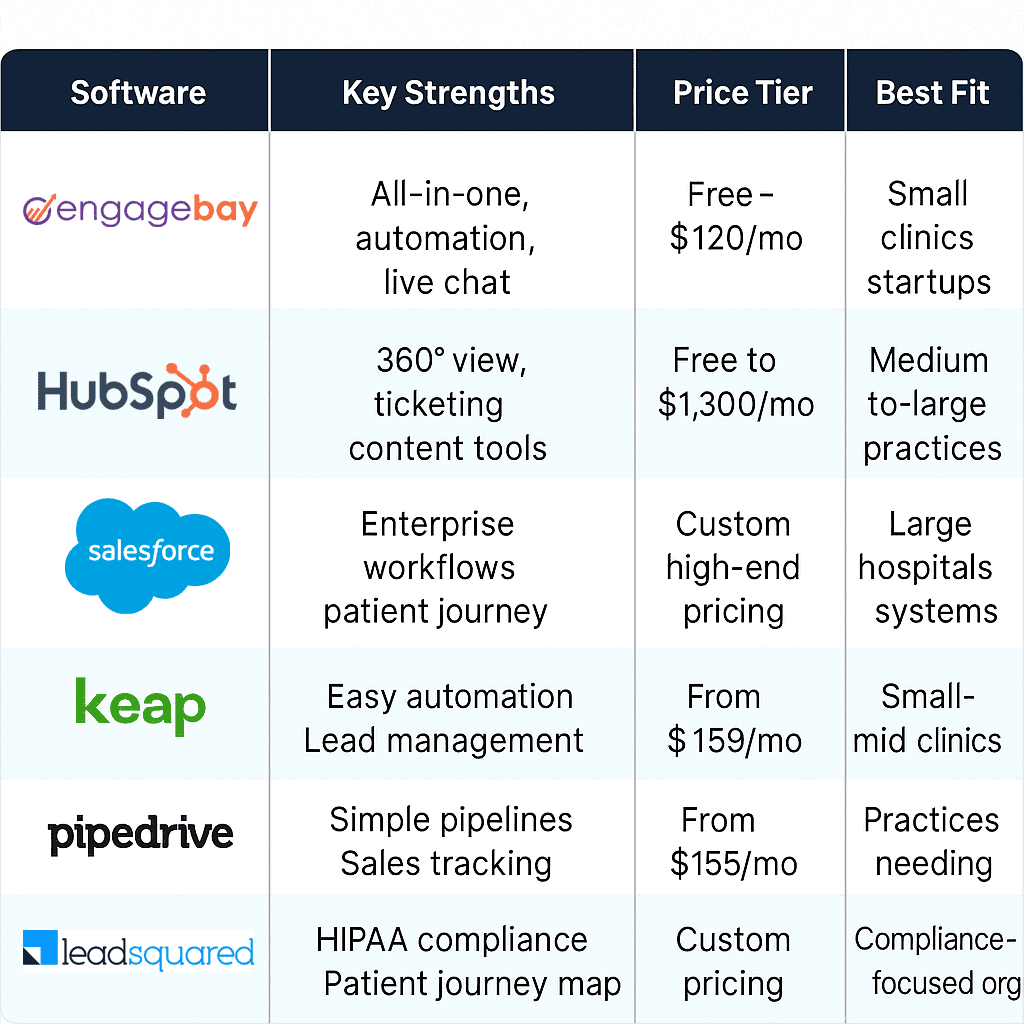 2025 Healthcare CRM Software comparison table—features, pricing, and compliance