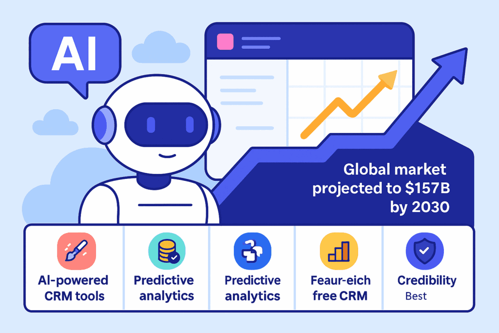 Infographic showing AI-powered CRM tools, cloud CRM growth stats, and global market projections.