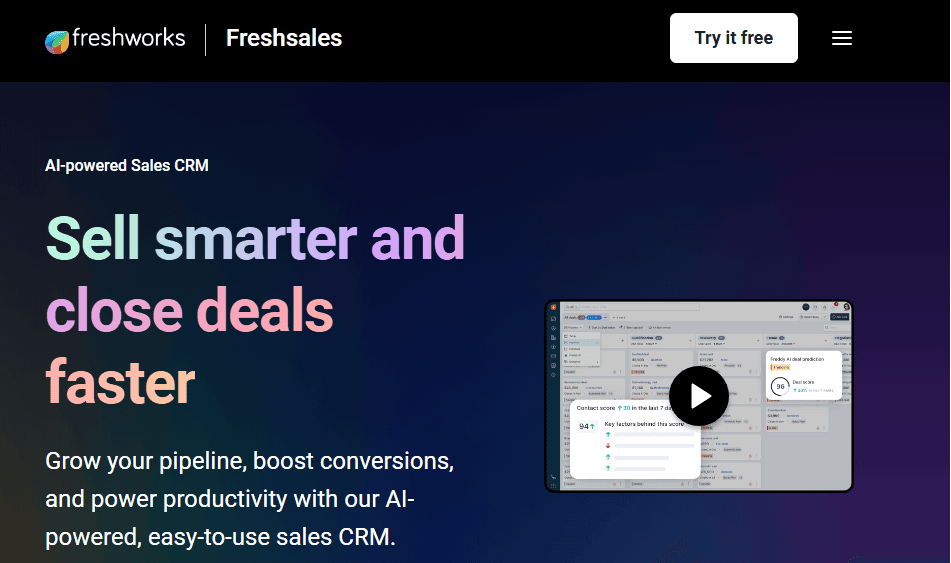 Screenshot of Freshsales web based CRM for small business homepage