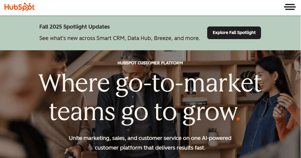 Screenshot of HubSpot web based CRM for small business homepage