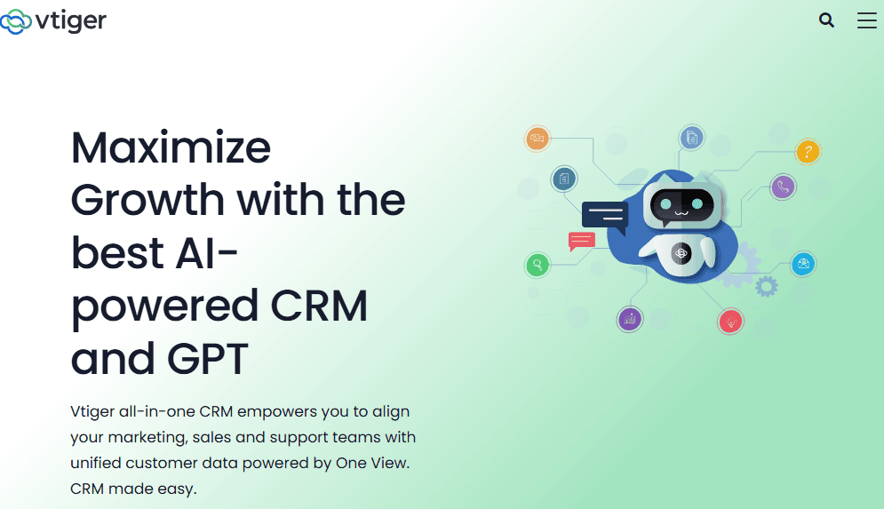 Screenshot of Vtiger web based CRM for small business homepage