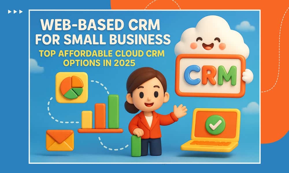 3D illustration of web-based CRM for small business with charts and cloud in 2025.