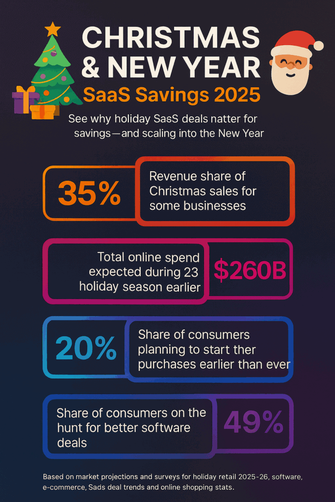 Infographic showing key Christmas & New Year SaaS savings stats for 2025โ26, including spending trends and consumer demand for holiday software deals