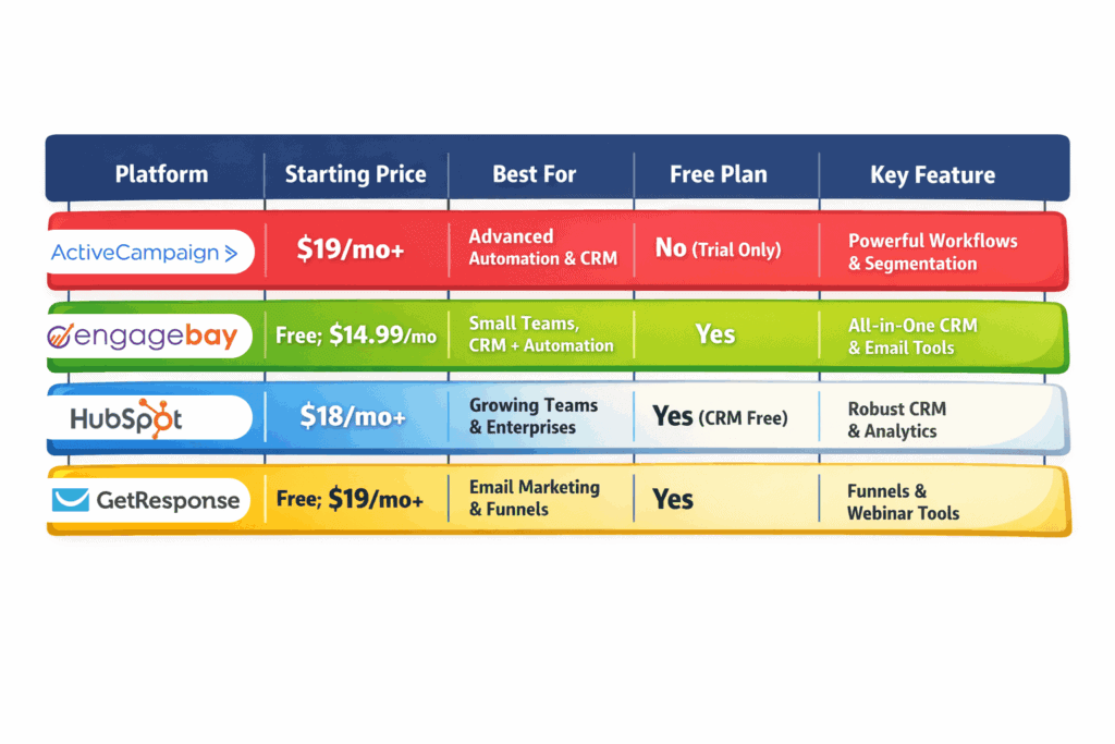 Comparison of ActiveCampaign and top alternatives including EngageBay, HubSpot, and GetResponse pricing and features.