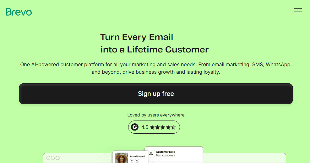 Brevo CRM homepage screenshot—HubSpot alternative for omnichannel marketing