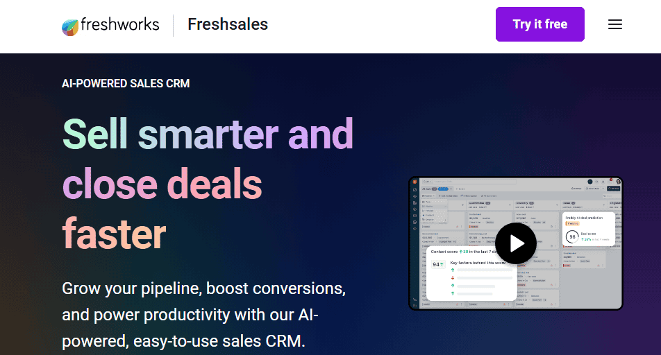 Freshsales CRM homepage screenshot—HubSpot alternative for Ai powered sales automation