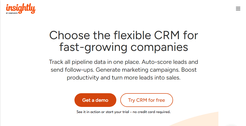 Insightly CRM homepage screenshot—HubSpot alternative for project management