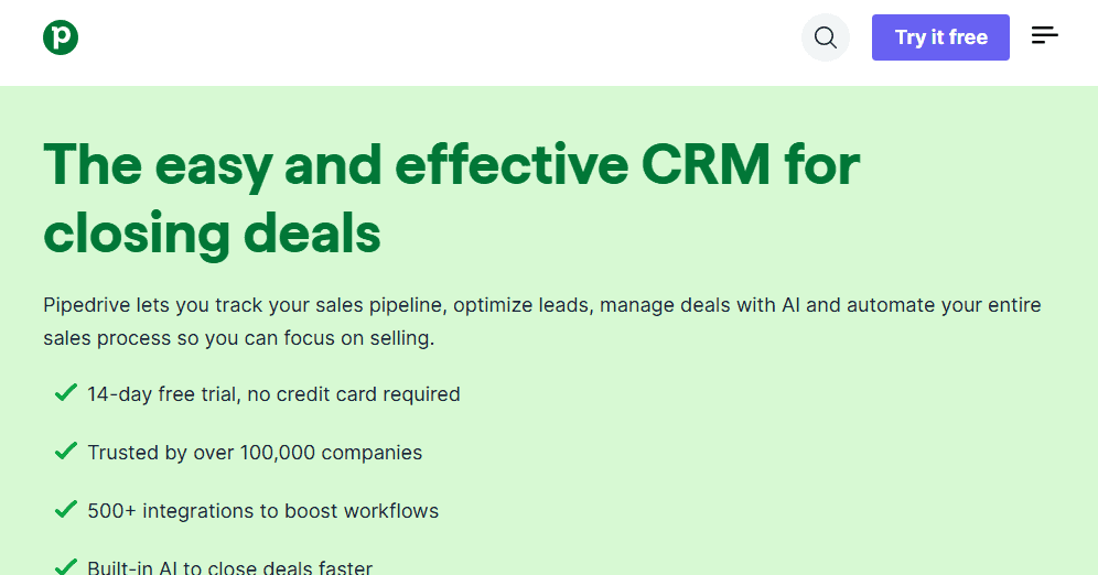 Pipedrive CRM CRM homepage screenshot—HubSpot alternative for sales CRM