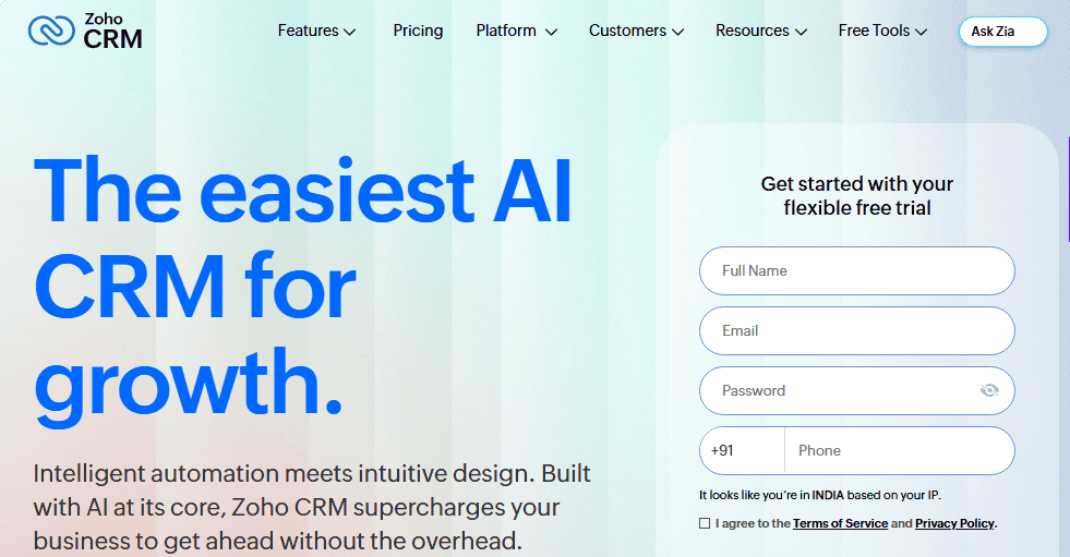 Zoho CRM homepage screenshot—HubSpot alternative for customizability