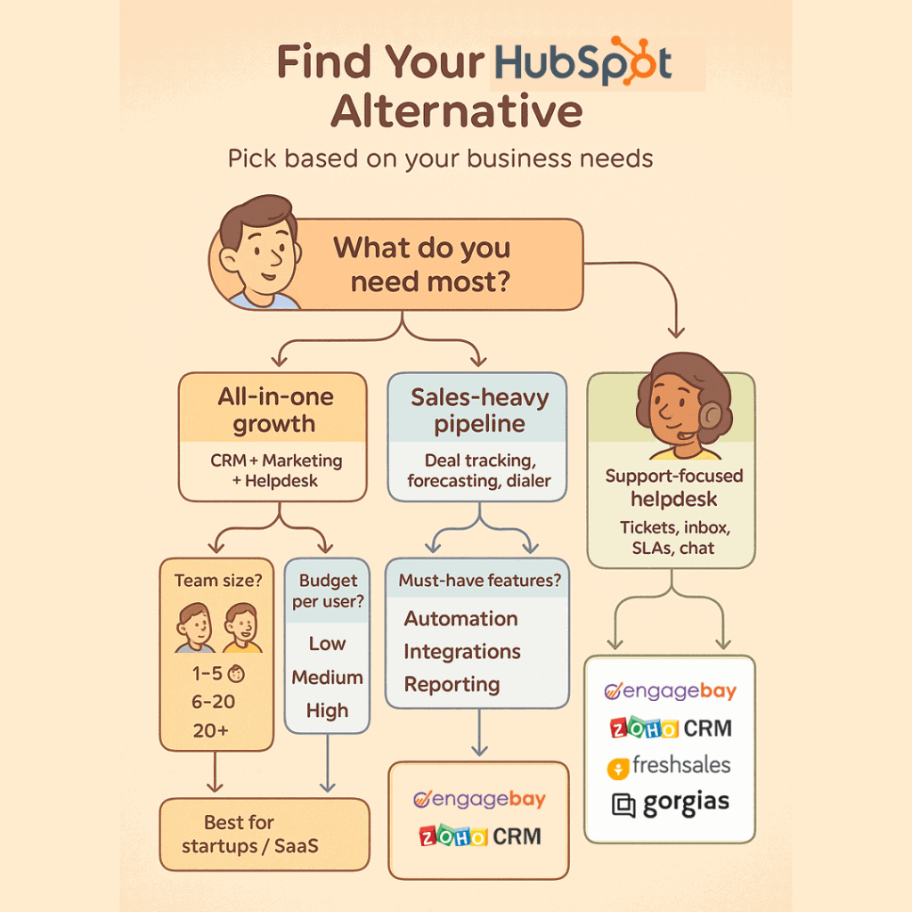 Flowchart: how to pick the ideal HubSpot alternative based on business needs.