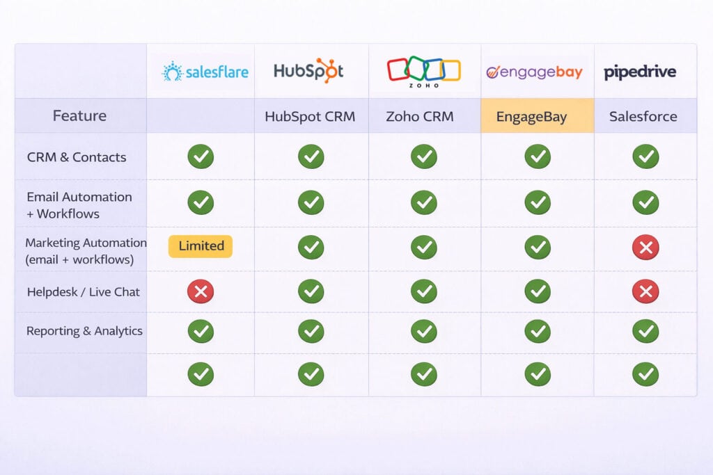 Checklist infographic of CRM features: automation, pipeline management, email sequences, mobile, reporting