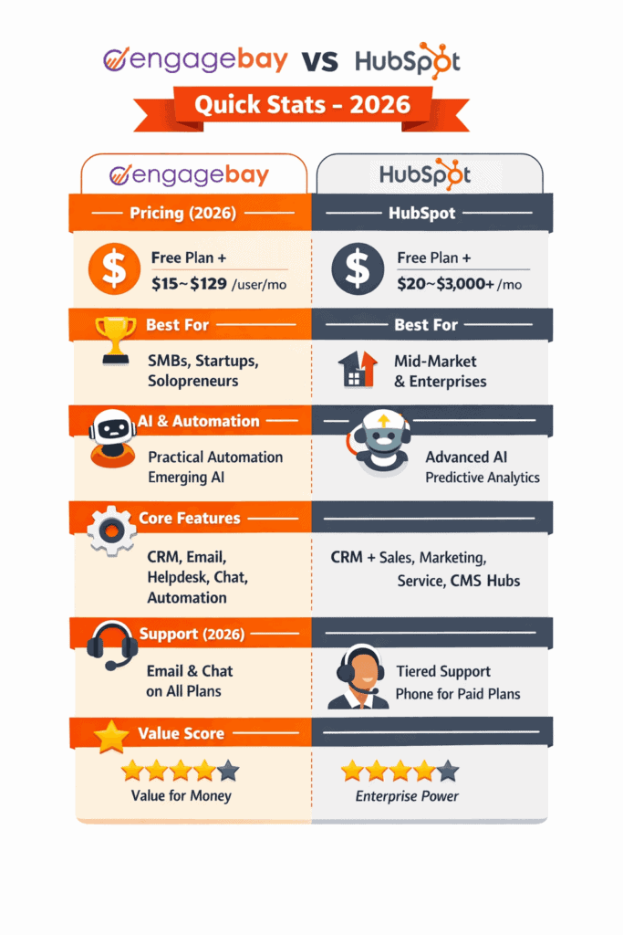 EngageBay vs HubSpot quick stats comparison 2026 showing pricing, features, AI capabilities, and best use cases