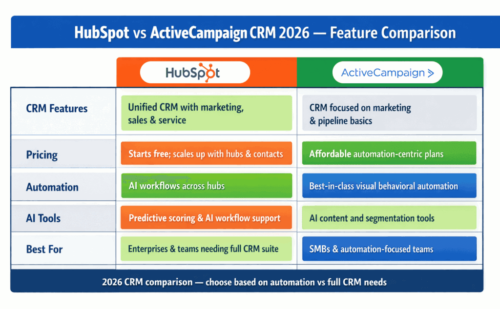 2026 HubSpot vs ActiveCampaign CRM comparison table highlighting features, pricing, automation, and AI.