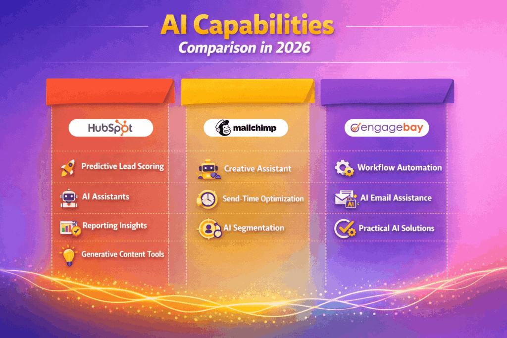 Infographic comparing AI capabilities of HubSpot, Mailchimp, and EngageBay in 2026, including predictive lead scoring, AI assistants, Creative Assistant, segmentation, and workflow automation.