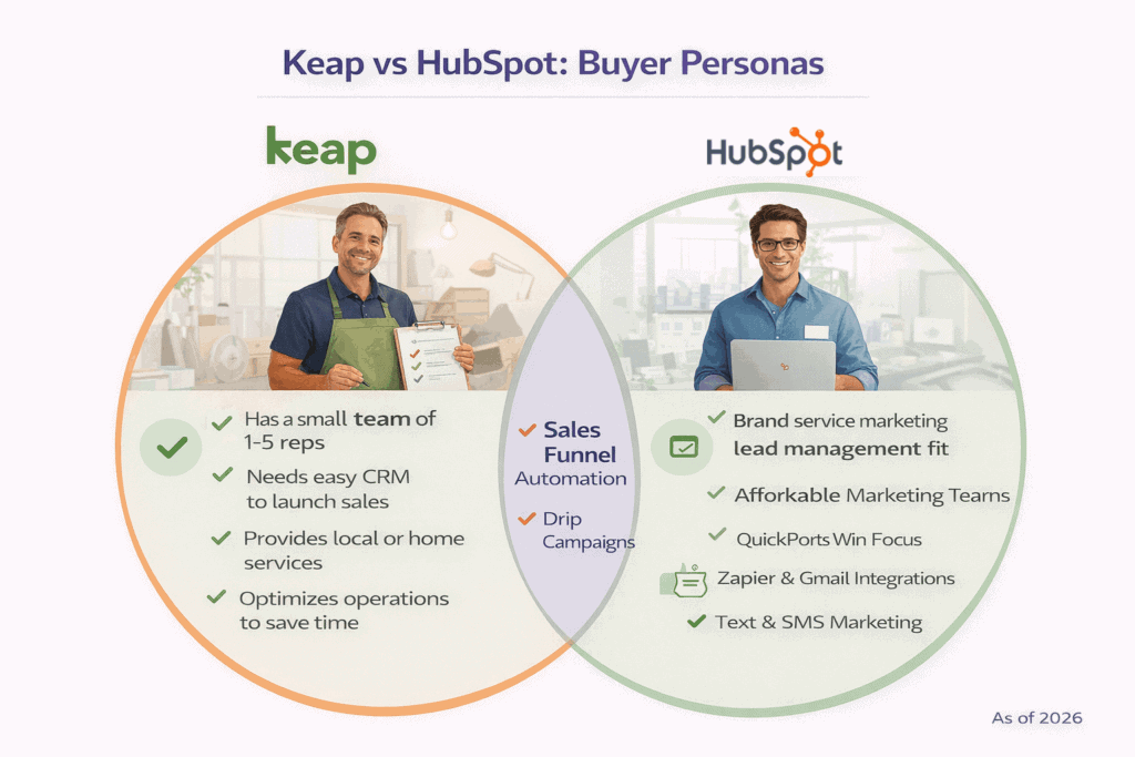 CRM choice personas showing small service business fit for Keap vs growing marketing teams for HubSpot