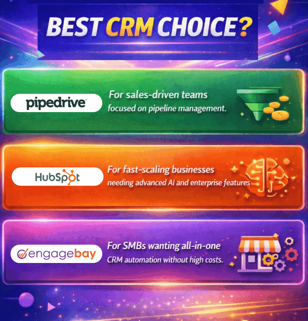Colorful infographic comparing Pipedrive, HubSpot, and EngageBay in 2026, highlighting sales-focused CRM, enterprise AI platform, and all-in-one SMB automation solution.