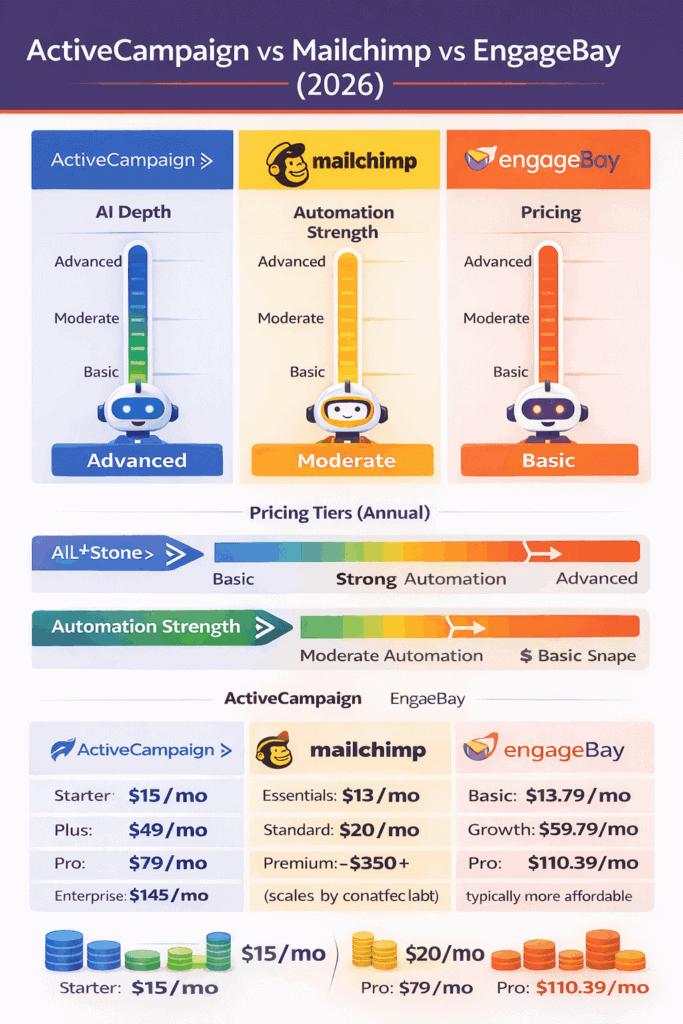 ActiveCampaign vs Mailchimp vs EngageBay AI comparison infographic for 2026 showing AI depth meter, automation strength levels, and updated annual pricing tiers for each marketing automation platform.
