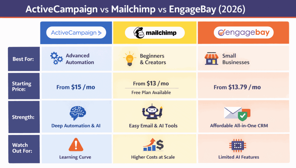 ActiveCampaign vs Mailchimp vs EngageBay 2026 comparison infographic showing best use case, starting price, key strengths, and limitations of each email marketing and marketing automation platform.