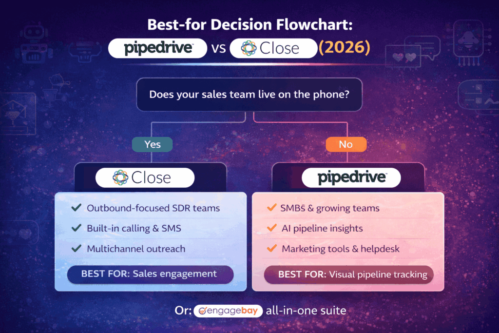 Best-for decision flowchart comparing Pipedrive vs Close CRM in 2026 based on outbound sales needs, calling features, and pipeline management