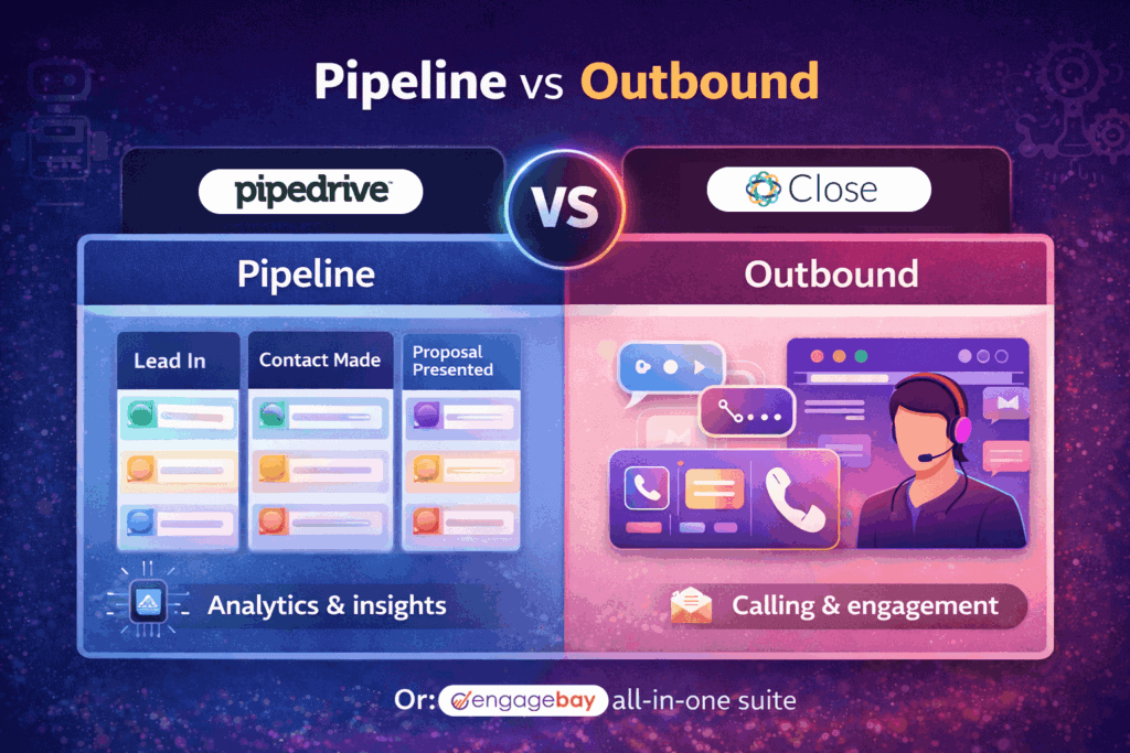 Pipeline vs outbound visual comparing Pipedrive pipeline management with Close outbound sales engagement features in 2026