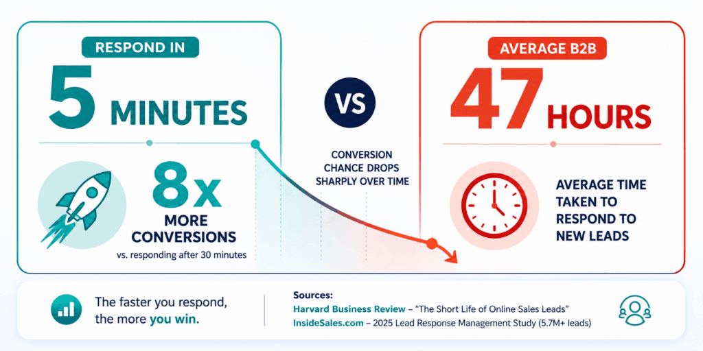 Stat Comparison Graphic — "5 Minutes vs 47 Hours" for EngageBay Lead Response Time blog